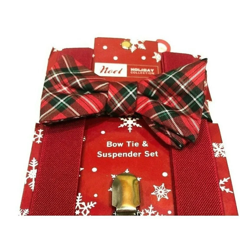Christmas Holiday Red Plaid Suspender Bow Tie Set